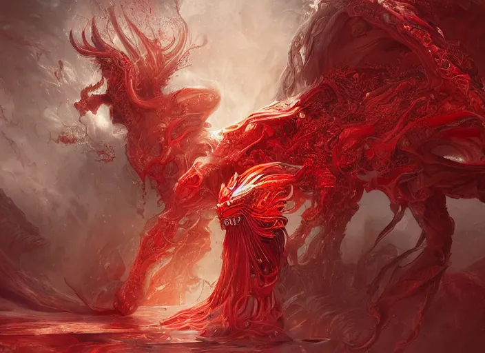 Image similar to woman loves demon, sit upon a scarlet coloured beast, pain, light effect, hyper detailed, intricate, elegant, highly detailed, digital painting, artstation, concept art, matte, sharp focus, illustration, by james jean, andrei riabovitchev, marc simonetti, yoshitaka amano