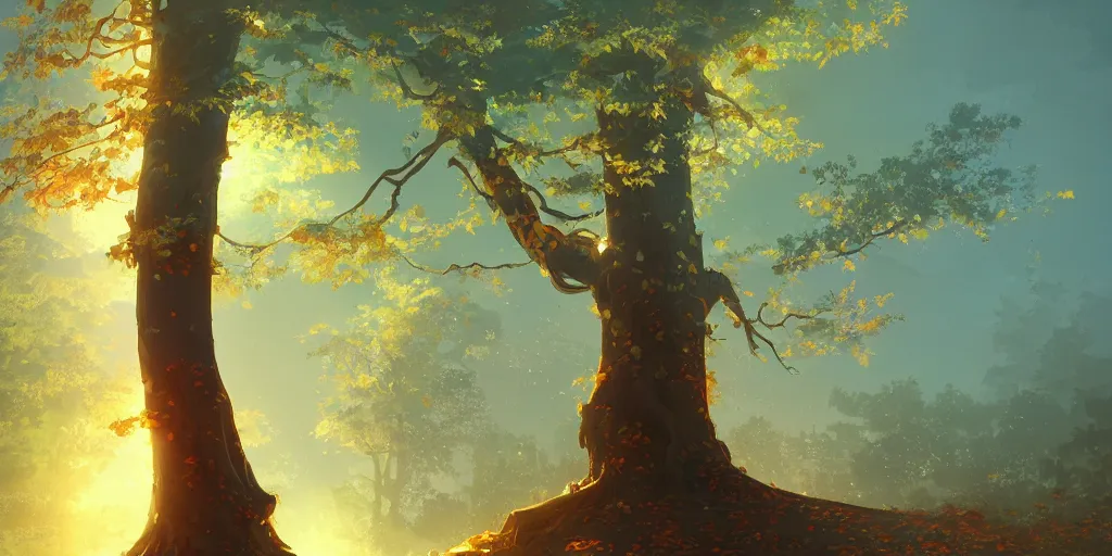 Prompt: a tall old tree with golden leaves, magnificent and sacred atmosphere, ilustration, characterized by roman shipunov, etienne hebinger, atey ghailan, cgsociety, cynical realism, fantasy art, 2 d game art