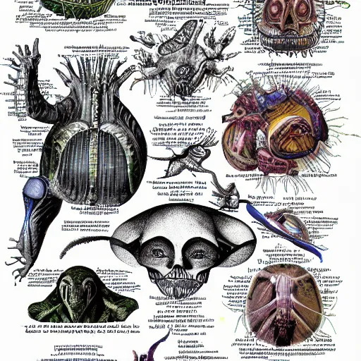 Prompt: anatomical diagram of alien fauna, xenobiology, annotated