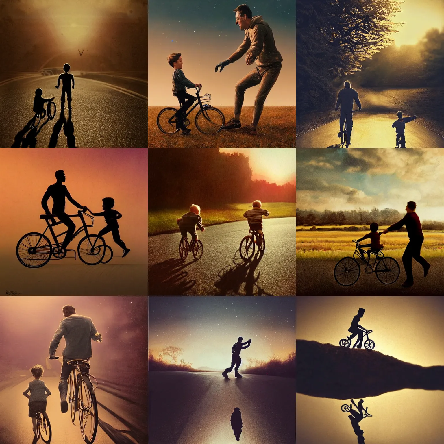 Prompt: a beautiful ultradetailed fine art vintage photo of a running cyborg father letting go of his kid riding a bicycle, by tom bagshaw and zach sutton, vignette, 2 4 mm lens, wide angle, golden ratio composition, sunset golden hour hues, silhouette, very detailed, humanoids, industrial robots, artstation, 8 k, highly coherent