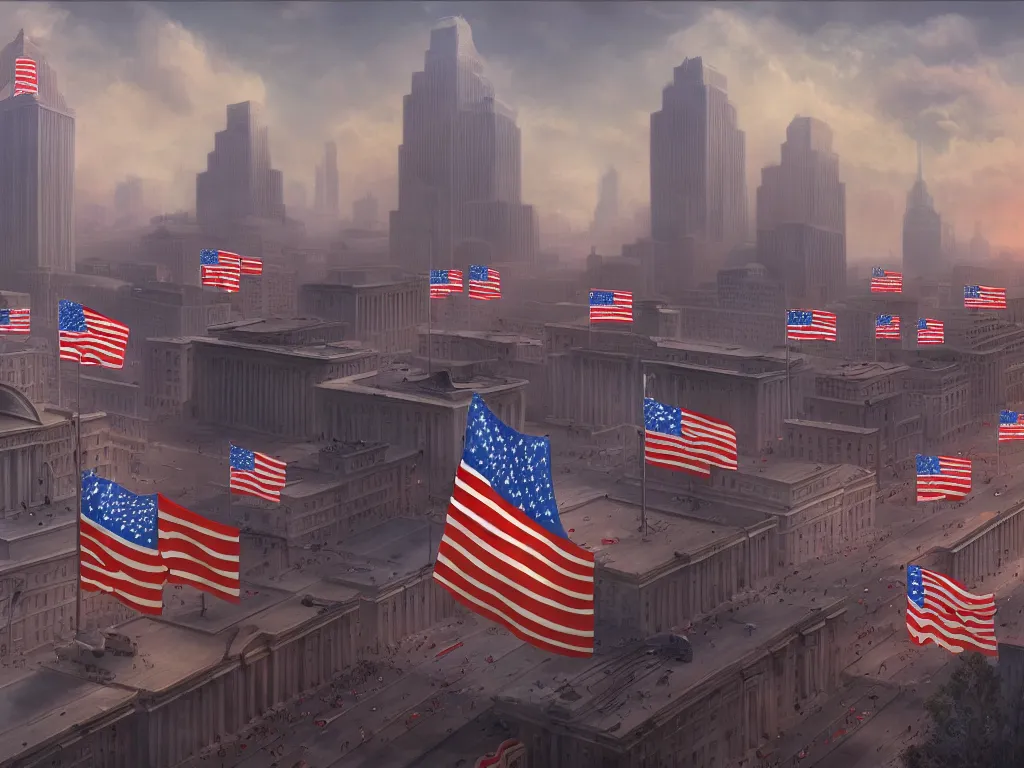 Image similar to landscape matte painting of a communist american state capital showing the triumph of communism in america, socialist american state flags, socialist statues, digital painting, modern city scape, conflict, camaraderie, sacrifice, hope, highly detailed, 4 k, artstation, photorealistic, architecture, america 2 0 9 8 by fan wennan