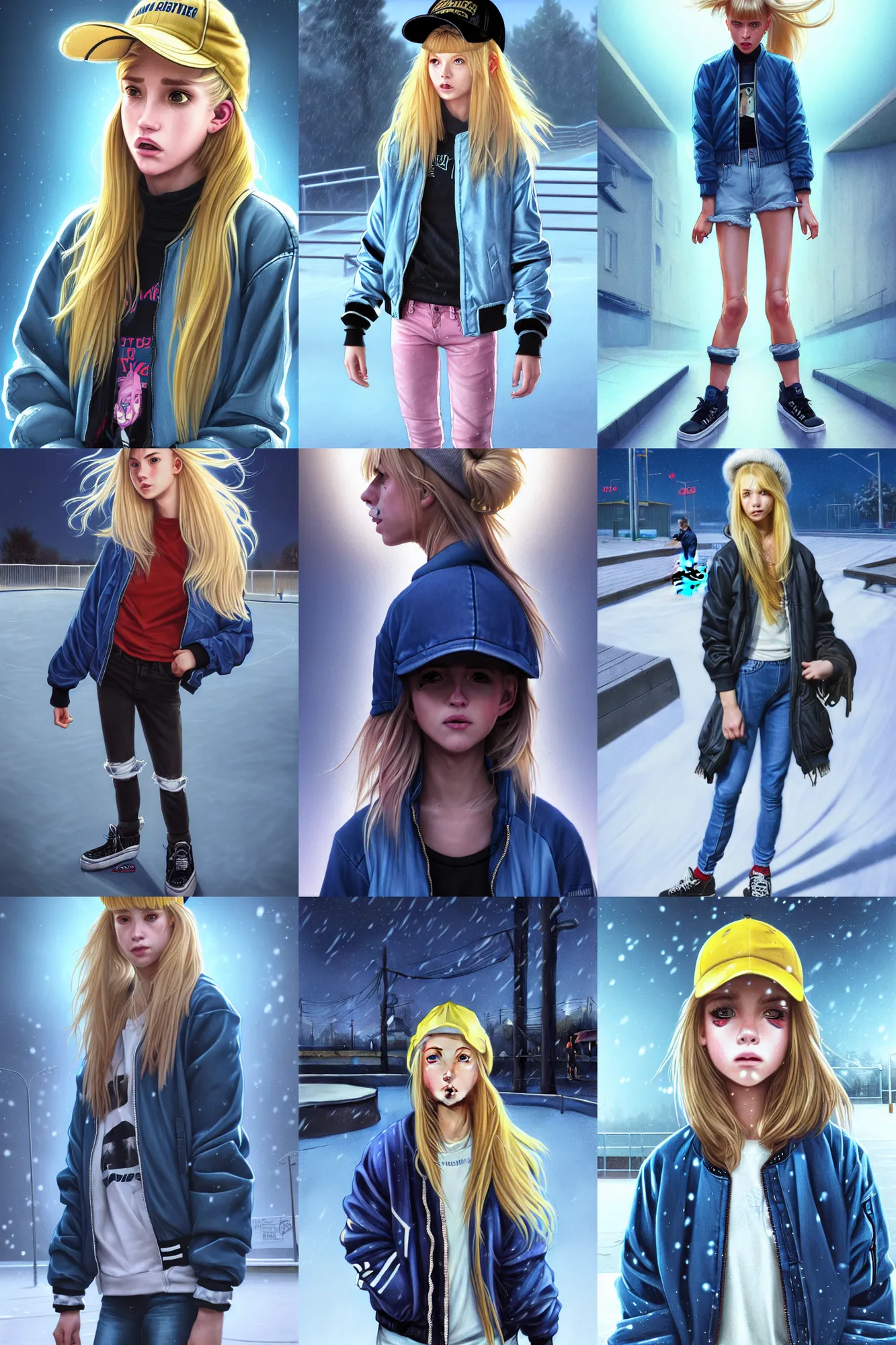 Prompt: blonde skatergirl with fringe ponytail hair in denim baseball cap bomber jacket and high top sneakers in the skatepark during winter blizzard midnight. wide eyes, highly detailed, cinematic dramatic lighting, low lit, fully body shot, smooth concept art, airbrush, by artgerm and greg rutkowski and alphonse mucha and simon stalenhag artstation