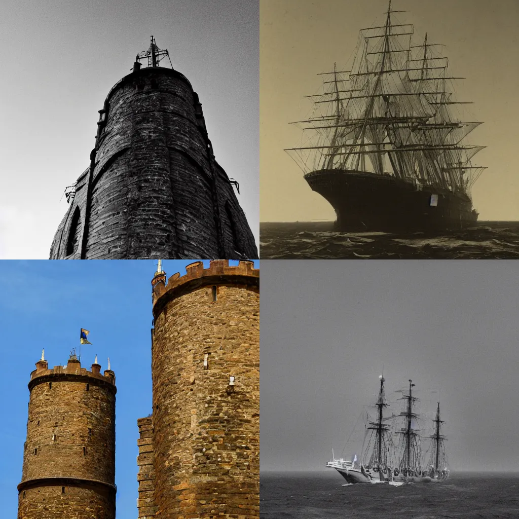 Prompt: a photo of a ship on top of three towers