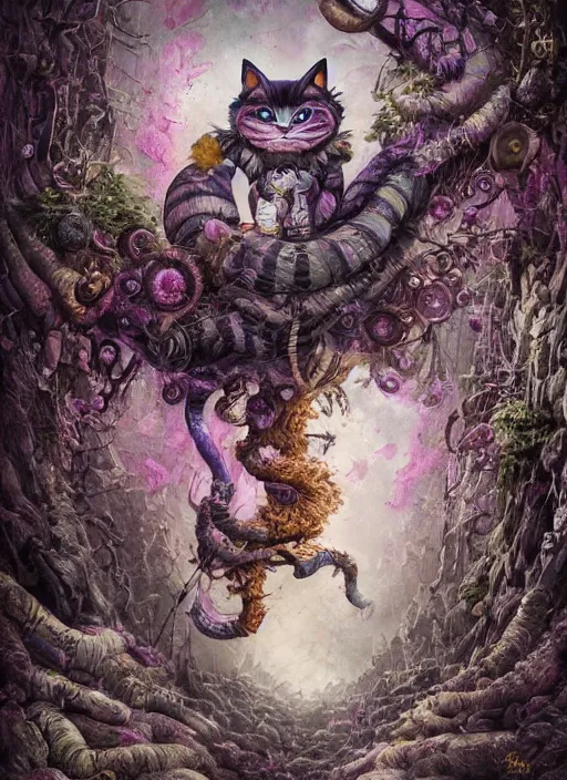 Prompt: cheshire cat, dieselpunk style, highly detailed, cinematic, 8 k, by megan duncanson, benjamin lacombe, adrian borda, stanley artgermm, tom bagshaw, craig mullins, carne griffiths, ayami kojima, beksinski, giger, trending on deviantart, hyper detailed, horror, full of colour