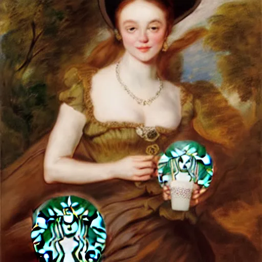 Image similar to eavenly summer sharp land sphere scallop well dressed lady holding a starbucks coffee, auslese, by peter paul rubens and eugene delacroix and karol bak, hyperrealism, digital illustration, fauvist, starbucks coffee, green coffee logo