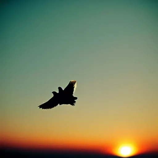 Prompt: Realistic POV shot of a dove flying over the clouds at sunset, ethereal, vintage photograph, film grain, surreal, awe-inspiring