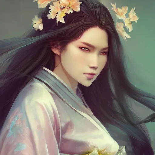 Image similar to a beautiful digital painting of a beautiful woman with long white hair wearing a kimono, by Stanley Artgerm Lau, WLOP, Rossdraws, James Jean, Andrei Riabovitchev, Marc Simonetti, and Sakimichan, trending on artstation, SFW version