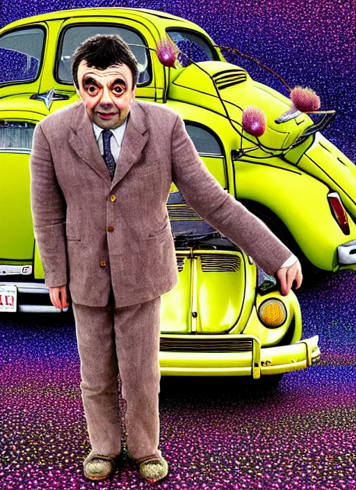 Image similar to hyper detailed 3d render like a Oil painting muted colors - slightly silly portrait of Rowan Atkinson cross eyed as Mr. Bean atop his yellow beetle in Aurora seen tickling of the Strangling network of yellowcake aerochrome and milky Fruit and Her delicate Hands hold of gossamer polyp blossoms bring iridescent fungal flowers whose spores black the foolish stars by Jacek Yerka, Mariusz Lewandowski, Houdini algorithmic generative render, Abstract brush strokes, Masterpiece, Edward Hopper and James Gilleard, Zdzislaw Beksinski, Nicoletta Ceccoli, Wolfgang Lettl, hints of Yayoi Kasuma, octane render, 8k