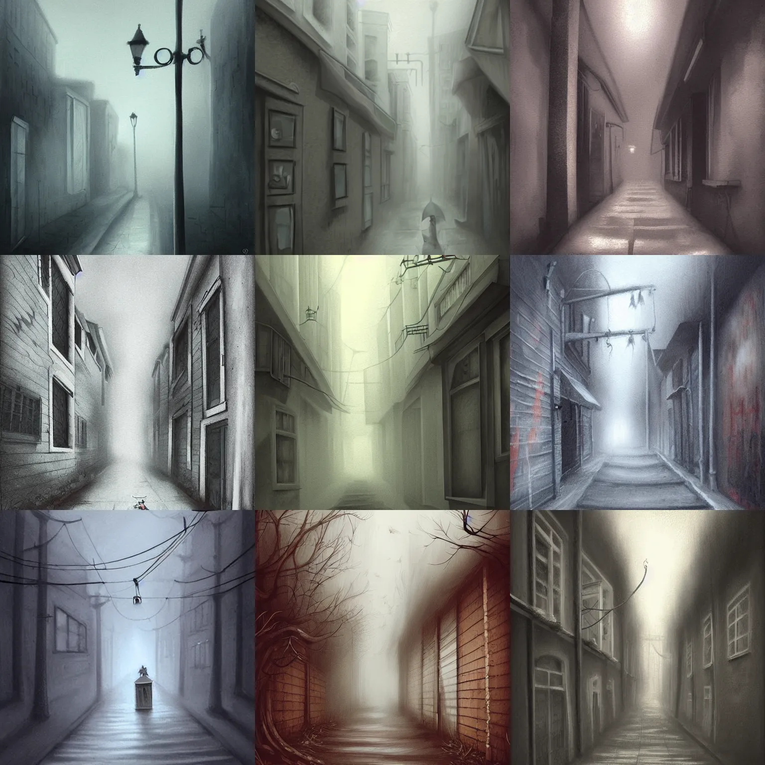 Prompt: creepy alley, foggy, painting, illustration, detailed