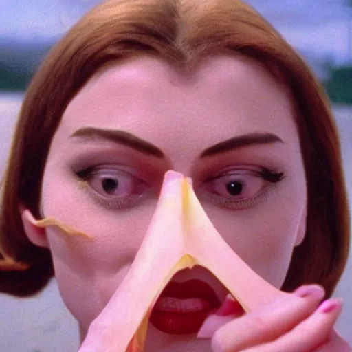 Image similar to glamorous woman with a nostril face, long snout, 1974 arthouse film, archival footage, technicolor film