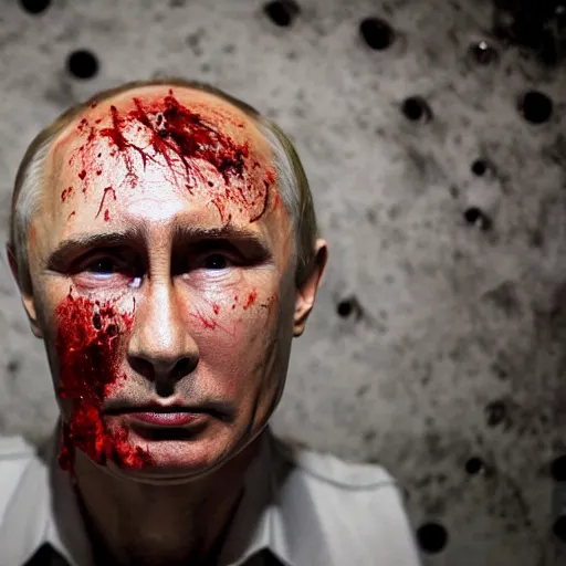 Prompt: putin with a chainsaw and a corpse. in a concrete bunker. focus on face with blood splatters. canon eos r 3, f / 1. 4, iso 4 0 0, 1 / 1 6 0 s, 8 k, raw