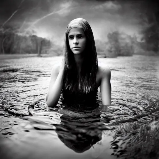 Image similar to portrait of a stunning female cyborg, ex machina, sitting in a pond, in the style of sally mann, photograph, black and white