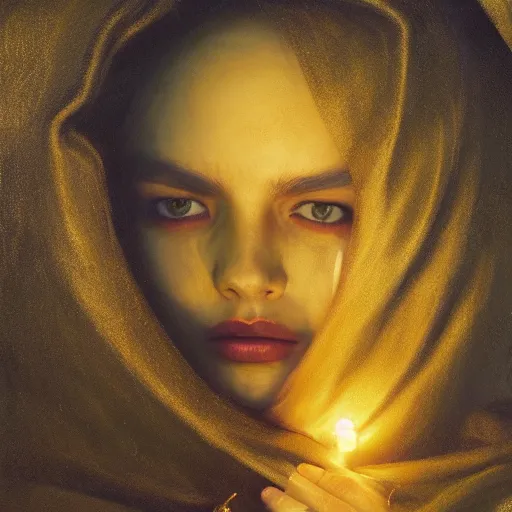 Image similar to a portrait of a young woman wearing a long dark cloak, hood and shadows covering face, holding golden chains, oil painting, matte painting, black background, Volumetric Golden dappled dynamic lighting, Highly Detailed, Cinematic Lighting, Unreal Engine, 8k, HD, by Beksinski