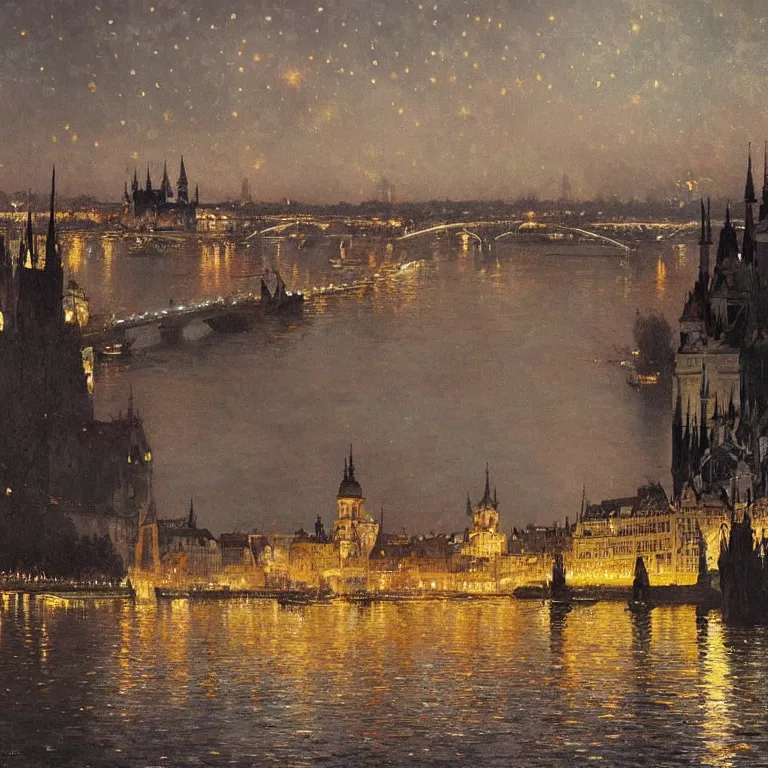 Prompt: a beautiful painting of the view from the river of london or prague during a fireworks festival, at night with a sky full of stars and fireworks, intricate, elegant, highly detailed, digital painting, artstation, concept art, by krenz cushart and artem demura and alphonse mucha