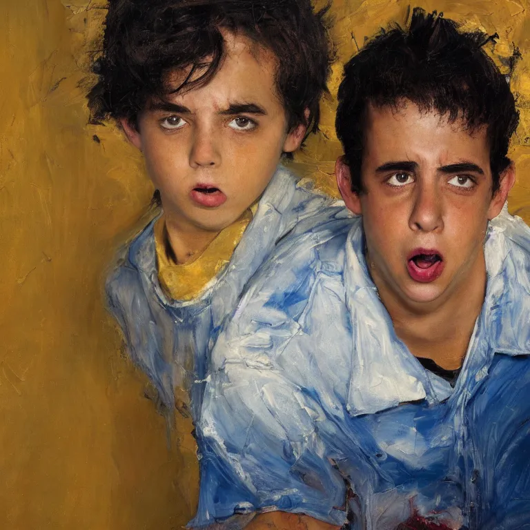 Prompt: warmly lit close up studio portrait of young angry! teenage Jerry Seinfeld angrily singing, impasto oil painting thick brushstrokes by Cy Twombly and Anselm Kiefer , trending on artstation dramatic lighting Expressionism