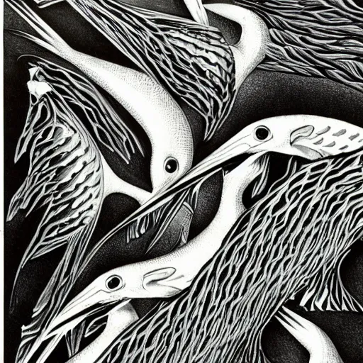 Image similar to escher print of storks and fish