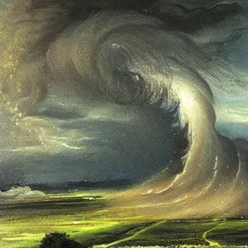 Image similar to beautiful tornado in a landscape painting