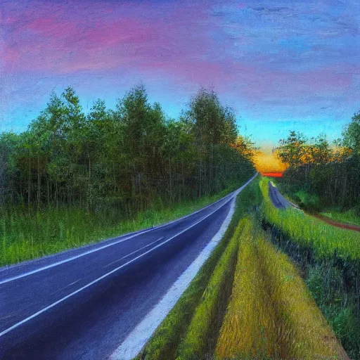 Image similar to overgrown highway, michael pangrazio, golden hour