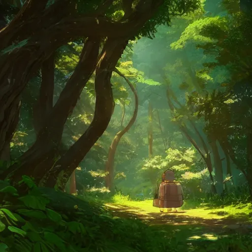 Image similar to forest path, beautiful ancient trees, hiding large treasure chest, serene evening atmosphere, soft lens, soft light, cel - shading, animation, in the style of cgsociety, deviantart, artstation, zbrush, cinema 4 d, studio ghibli, akihiko yoshida, atelier lulua, masamune shirow