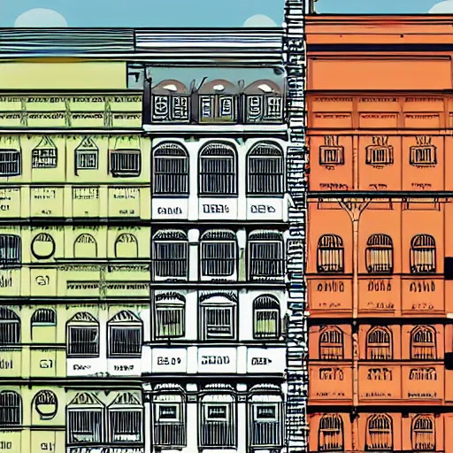 Image similar to a row of shophouses in singapore, art by laurie greasley