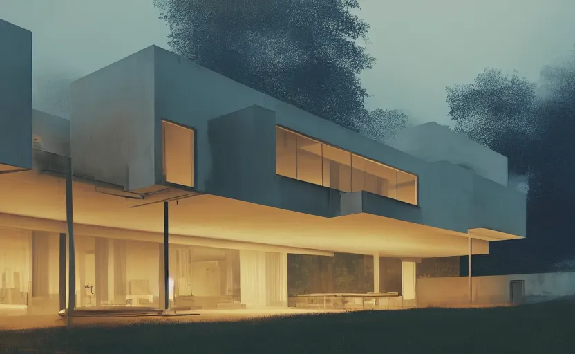 Image similar to An Exterior wide angle shot painting of a modern architecture House with neon lights by Peter zumthor and James Turrell, Craig Mullins ,Cinematic atmospheric sad and cinematic lighting, Trending on artstation, Archviz, Archdaily, Deezen, Design milk, Architectural visualisation