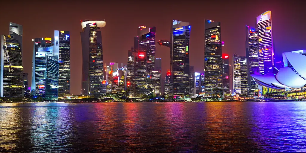 Prompt: futuristic singapour view at night from the sea