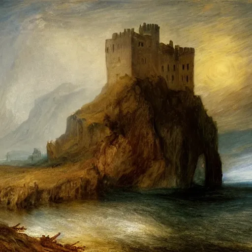 Prompt: a castle on rocks seen from afar, dead trees on both side of the image, dark themed, knife painting in the style of william turner