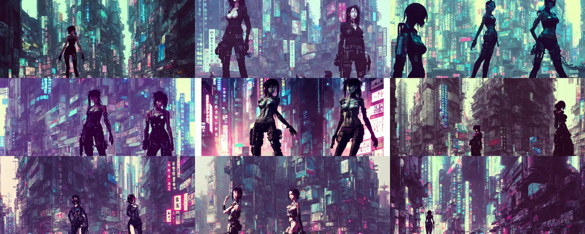 Prompt: hyper - realistic cyberpunk portrait of beautiful! anime woman standing on kowloon street, extreme detail, in style of yoji shinkawa, pan ren wei, col price, atey ghailan, by greg rutkowski, by greg tocchini, by james gilleard, by joe fenton, by kaethe butcher, grunge aesthetic