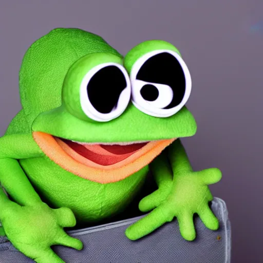 Image similar to pepe the frog as a muppet, product photography, commercial lighting