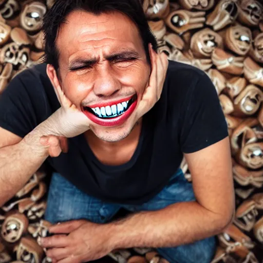 Prompt: man completely covered in human teeth