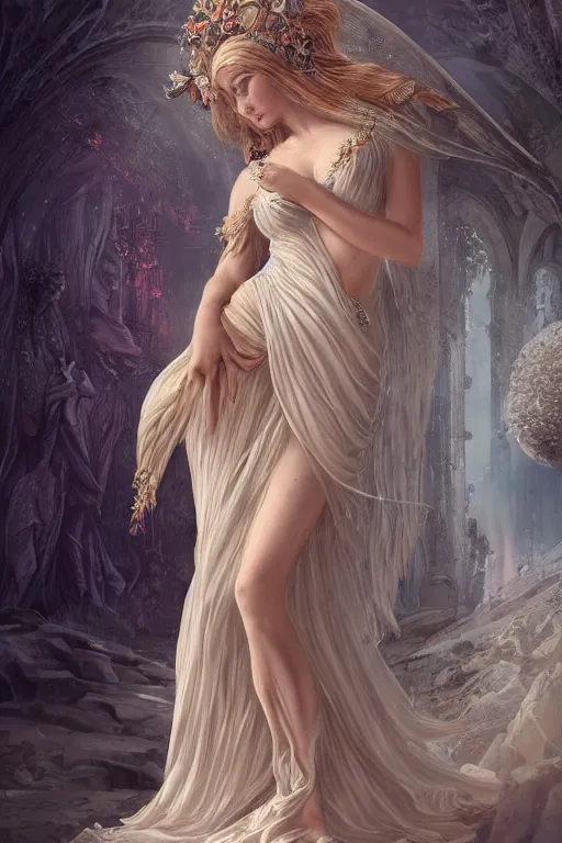 Image similar to aphrodite goddess beautiful gown very sensual, high resolution, uhd, digital illustration, in the style of greg rutkowski, fantasy, amazing detail, epic, intricate, elegant, perfect symmetrical face, hyper realistic, hyperdetailed, style of laura sava, smooth, sharp focus