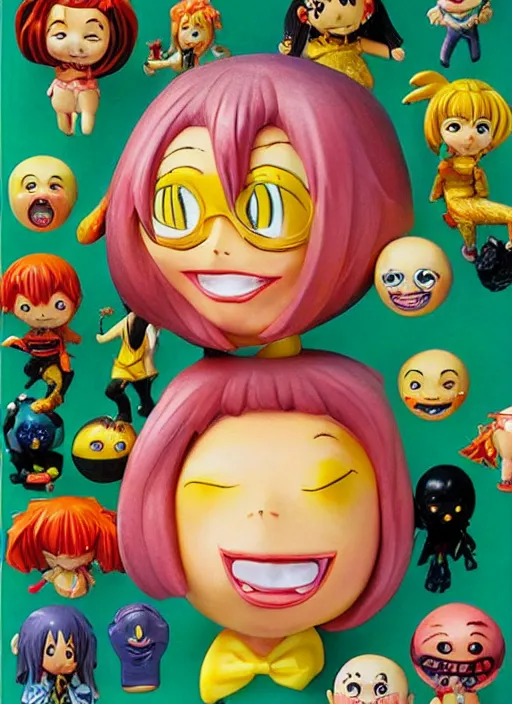 Image similar to a lifelike oil painting of an anime girl figurine caricature with a big dumb grin featured on nickelodeon by arthur szyk made of madballs