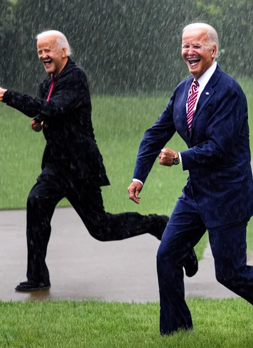 Prompt: joe biden is running terrified from a monster from predator that is chasing him on the white house lawn during a storm, photoealistic, scary