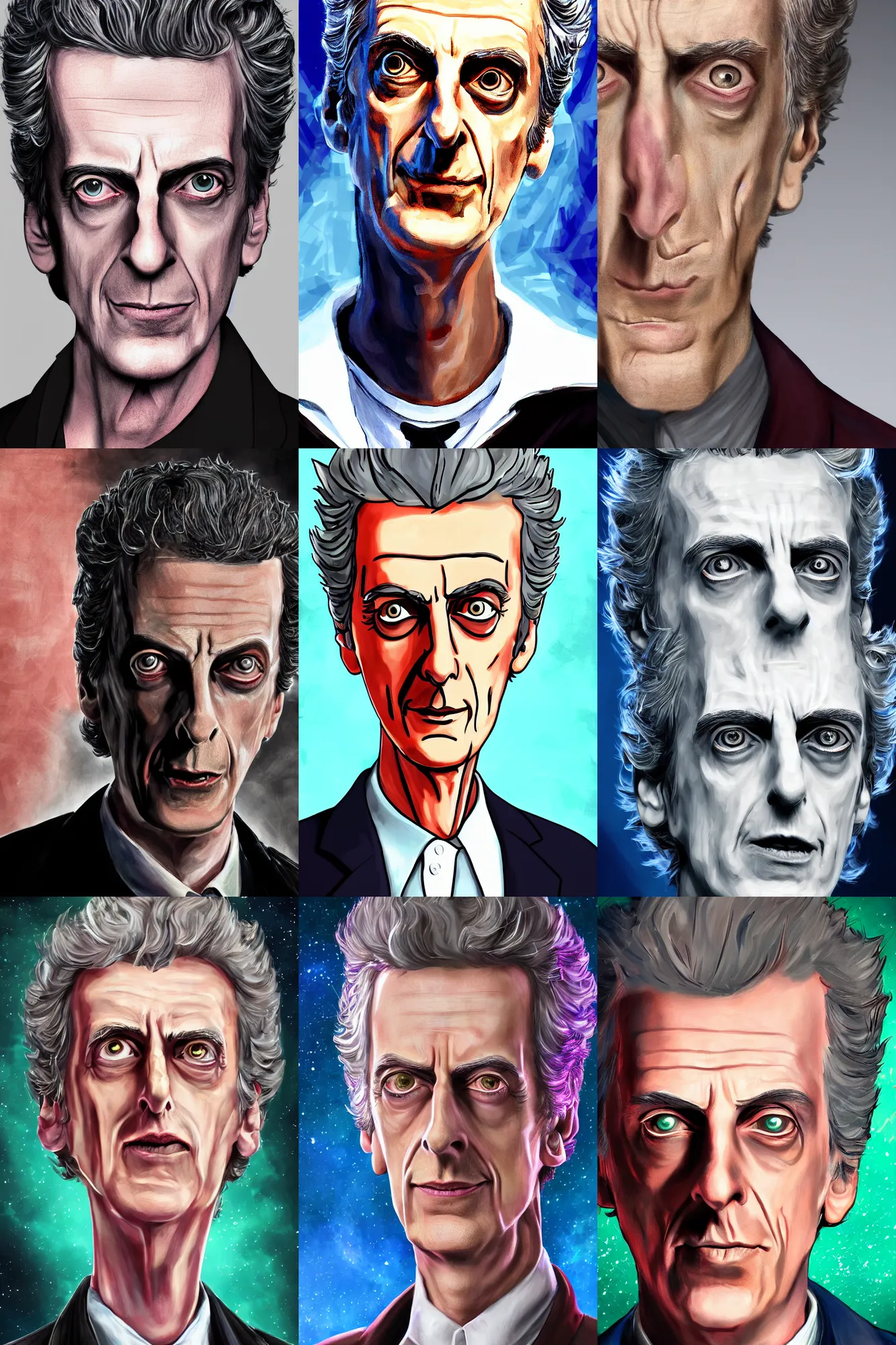 Prompt: peter capaldi as rick from rick and morty, character art, cinematic, portrait closeup