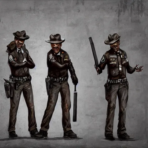 Prompt: zombie sheriffs officers brown uniform and caps in brutalist concrete office trending on artstation high detail digital painting 4 k 8 k hd