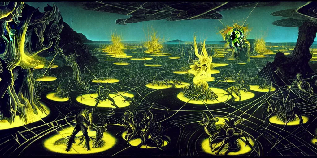 Prompt: detailed battle scene of demonic prompt engineers with neural interfaces fighting versus biblical artists with tablets still from hyperrealism surreal satanic movie by caravaggio and francois schuiten and dan hillier. volumetric dramatic cyan gold light