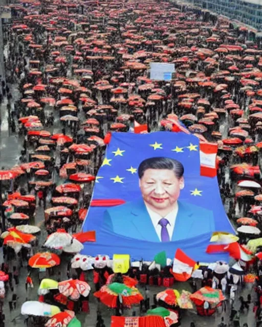 Image similar to tangping lying flat protest movement in china in front of a giant portrait of xi jinping