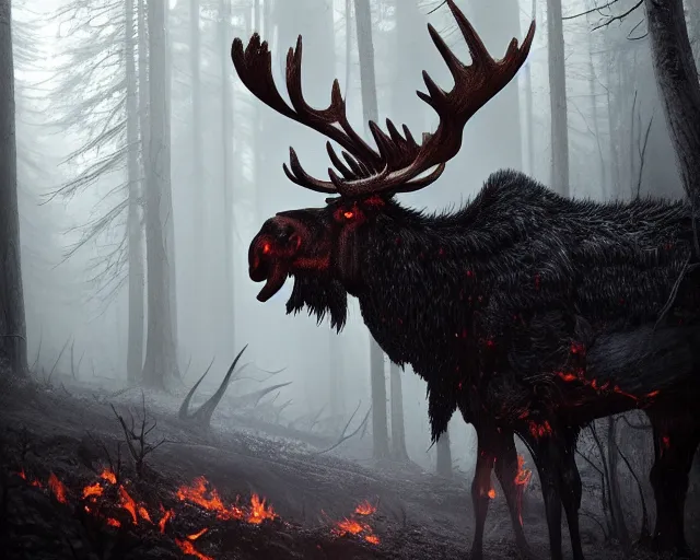 Prompt: 5 5 mm portrait photo of an armored demonic undead rotting burning moose with red eyes antlers and looking at the camera, in a magical forest. magical atmosphere. art by greg rutkowski and luis royo. highly detailed 8 k. intricate. lifelike. soft light. nikon d 8 5 0.
