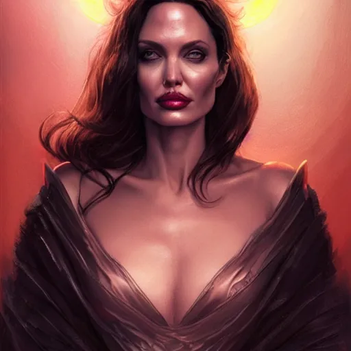 Prompt: Angelina Jolie as Lucifer Morningstar, highly detailed, digital painting, artstation, concept art, smooth, sharp focus, illustration, ArtStation, art by Katsuhiro Otomo and Tom Bagshaw