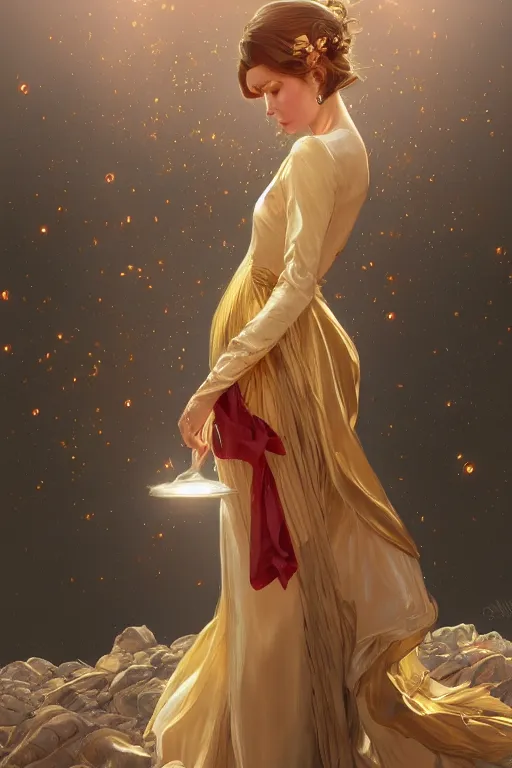 Image similar to a girl wearing a golden dress, grey hair, red necktie, cinematic, stunning, highly detailed, digital painting, artstation, smooth, hard focus, full body shot, illustration, art by artgerm and greg rutkowski and alphonse mucha