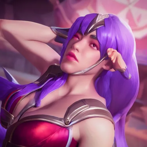 Image similar to still of pretty Irelia (League of Legends) in KDA More music video. 3d render, octane render, game art, realistic, highly detailed, trending on artstation, 4k, trending on artstation, pixar, cgsociety, unreal engine 5, redshift render, trending on artstation, blender, behance, cg