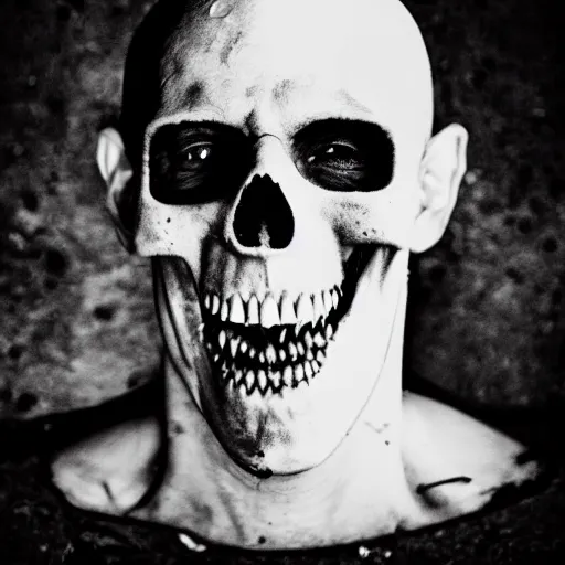 Prompt: uncanny disturbing black and white photo of patrick batemen with sharp teeth and half of his face missing revealing a bloody skull, missing poster, gory, bloody, scary, realistic