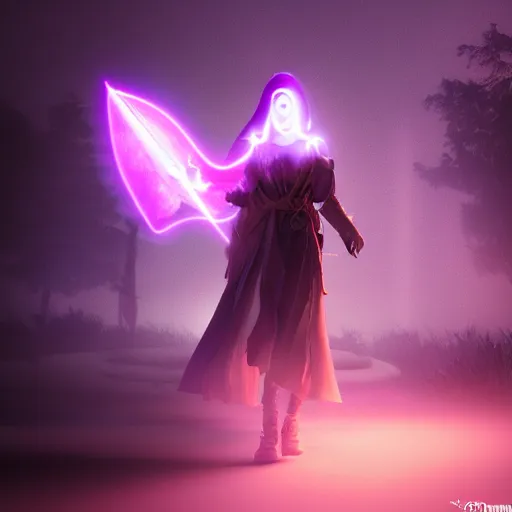 Image similar to luminescent purple wizard, female, dark background, volumetric fog, 4K