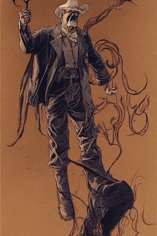 Image similar to vernon. Smug old west circus firebreather. concept art by James Gurney and Mœbius.