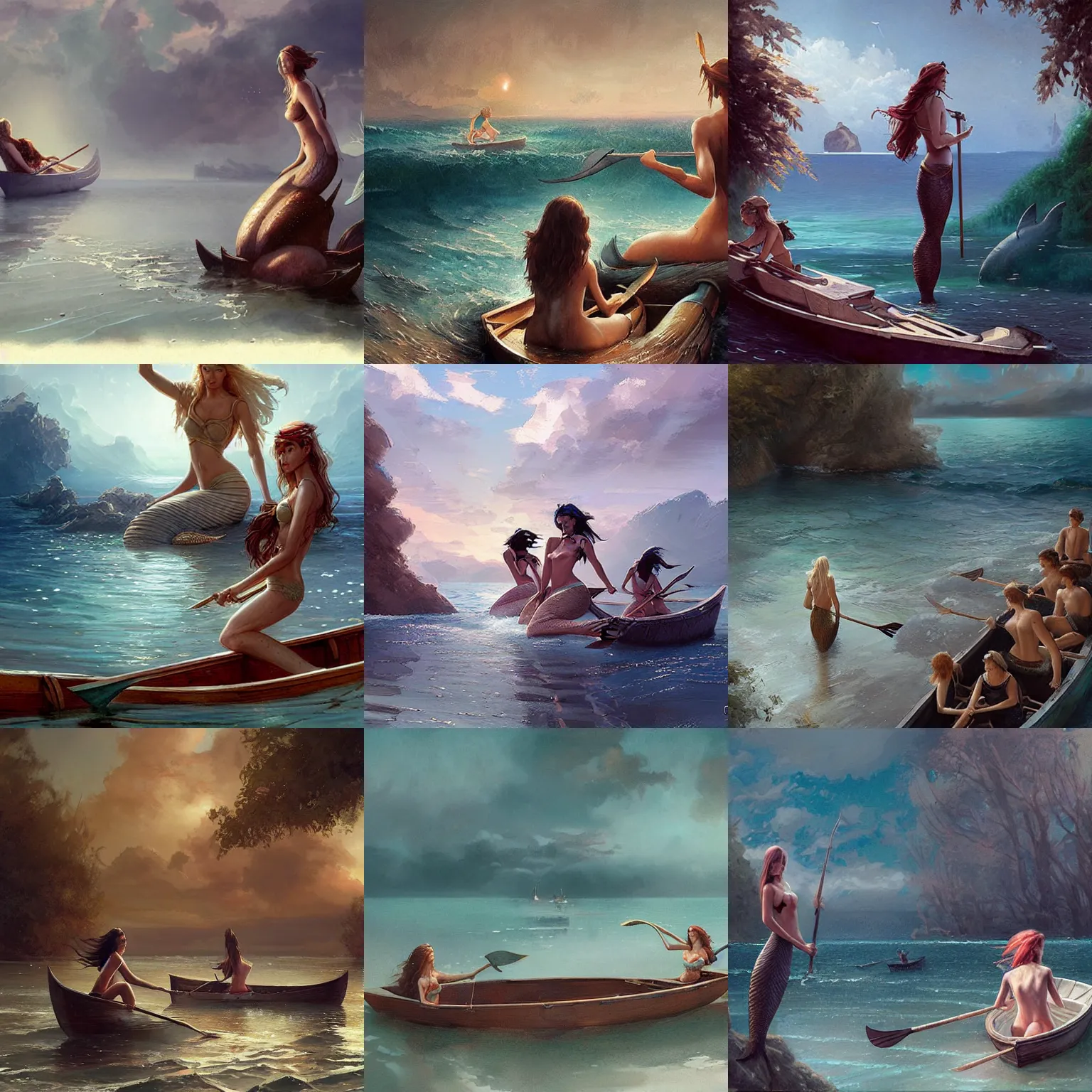 Prompt: mermaids beckoning sailors in rowboat by greg rutkowski and artgerm