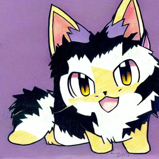 Prompt: an anime drawing of a light tan cat with blue eyes and black feet, drawn in 1 9 9 8, for pokemon red and blue.