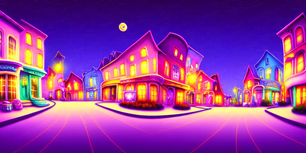 Image similar to curved perspective digital art of a summer night small town street pastel colors from tim burtons nightmare before christmas by petros afshar, 1 5 º camera angle
