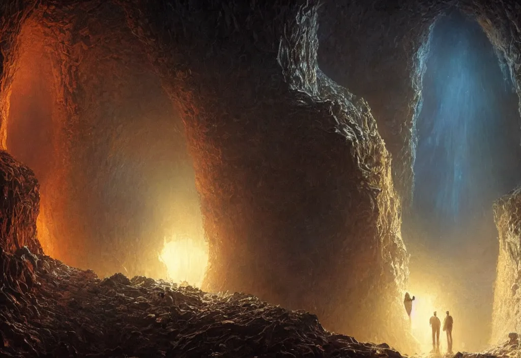 Prompt: will farrell and john c. reilly entering a chasm full of unspeakable cosmic horrors, horror, terrifying atmosphere, atmospheric, by greg rutkowski and moebius, 8 k