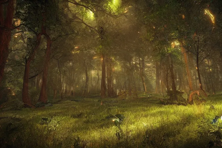Prompt: A beautiful enchanted forest. There is a cosmic portal. Cinematic lighting. Photorealism.