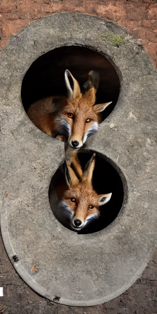 Prompt: a fox is hidden inside a manhole trying to jump out meanwhile a curious goat is looking at him from the exterior, 4k photography flash